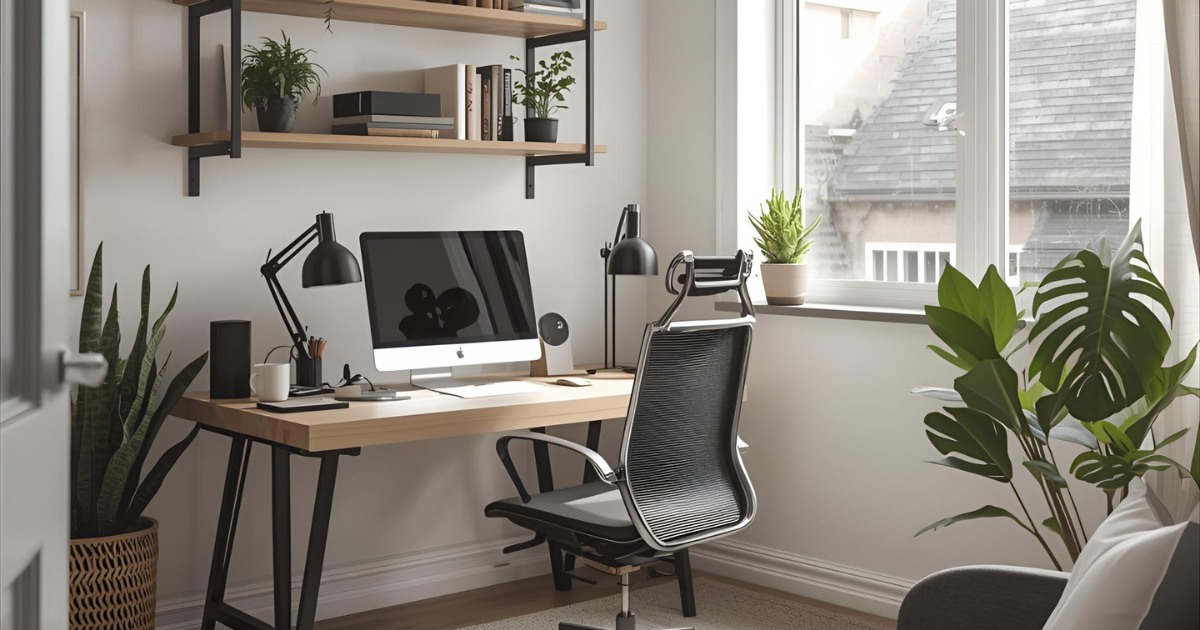 R1Centrum Bratislava centrum bývania - zariadenie domácej pracovne s pracovným stolom, ergonomickou stoličkou, úložnými policami, rastlinami a dostatkom denného svetla