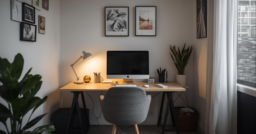 R1Centrum Bratislava centrum bývania - ergonomické pracovné miesto doma s nastaviteľnou stoličkou, monitorom vo vhodnej výške, pracovným stolom a správnym osvetlením