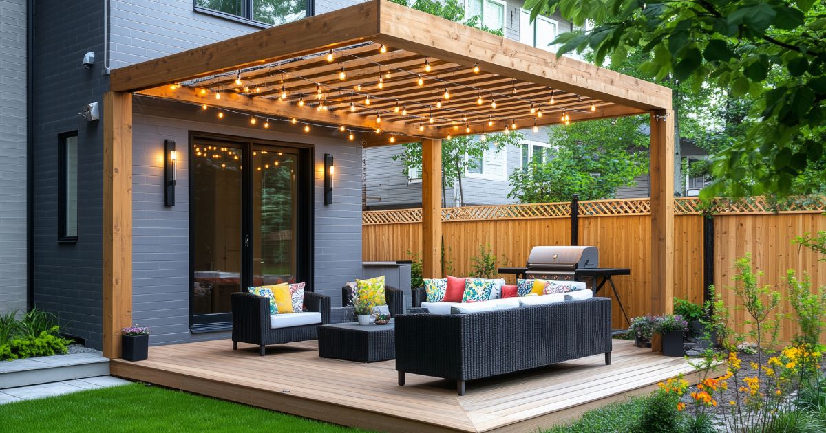 R1Centrum Bratislava centrum bývania - pergola alebo altánok do záhrady, drevená terasa, záhradné sedenie, tienenie a oddychová zóna pri dome