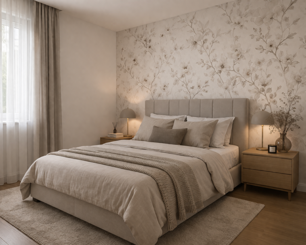 R1Centrum Bratislava centrum bývania - tapeta v spálni za posteľou, jemný vzor, dekoratívna stena, nočné osvetlenie a pokojná atmosféra v interiéri