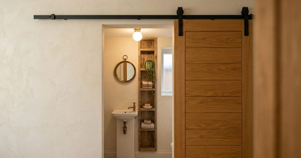 R1Centrum Bratislava centrum bývania - drevené posuvné dvere do kúpeľne, interiérové dvere, kovanie, moderný interiér a riešenie pre menší priestor