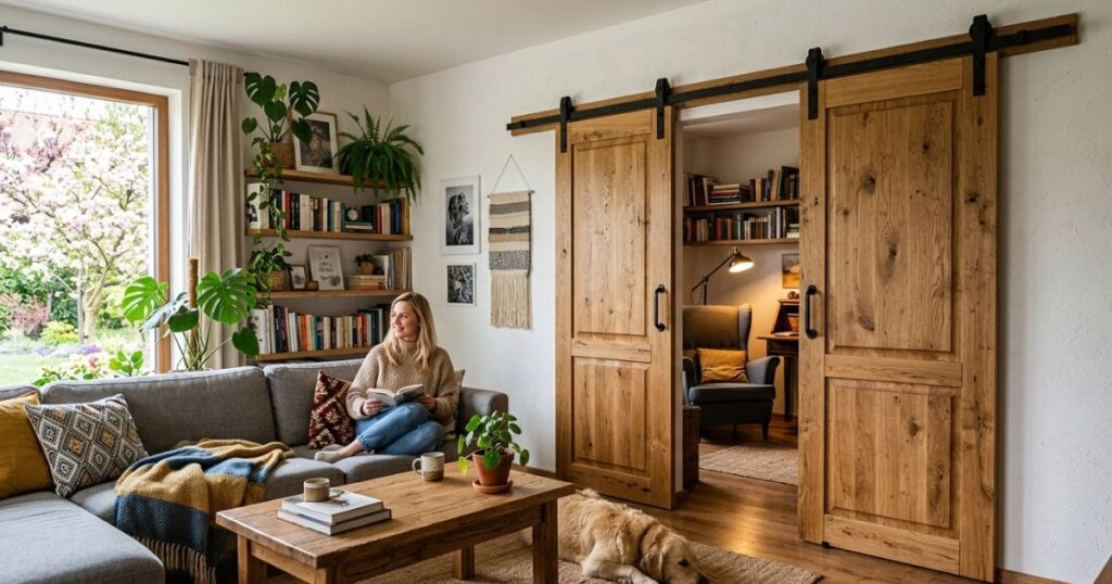 R1Centrum Bratislava centrum bývania - posuvné interiérové dvere v obývačke, drevené dvere, útulné bývanie, nábytok a praktické riešenie priestoru