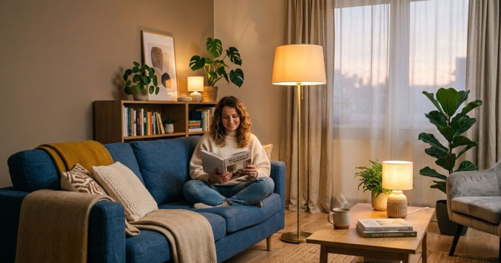 R1Centrum Bratislava centrum bývania - svetlo v byte, večerné osvetlenie, oddych na sedačke, teplá lampa a pokojná atmosféra pred spaním